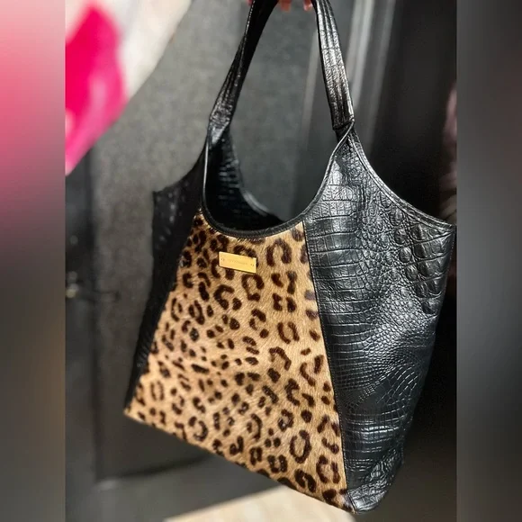 🐆🖤Vintage BRAHMIN Leopard print calf hair & Genuine Leather Shopper Tote Bag🐆EUC - Picture 6 of 17